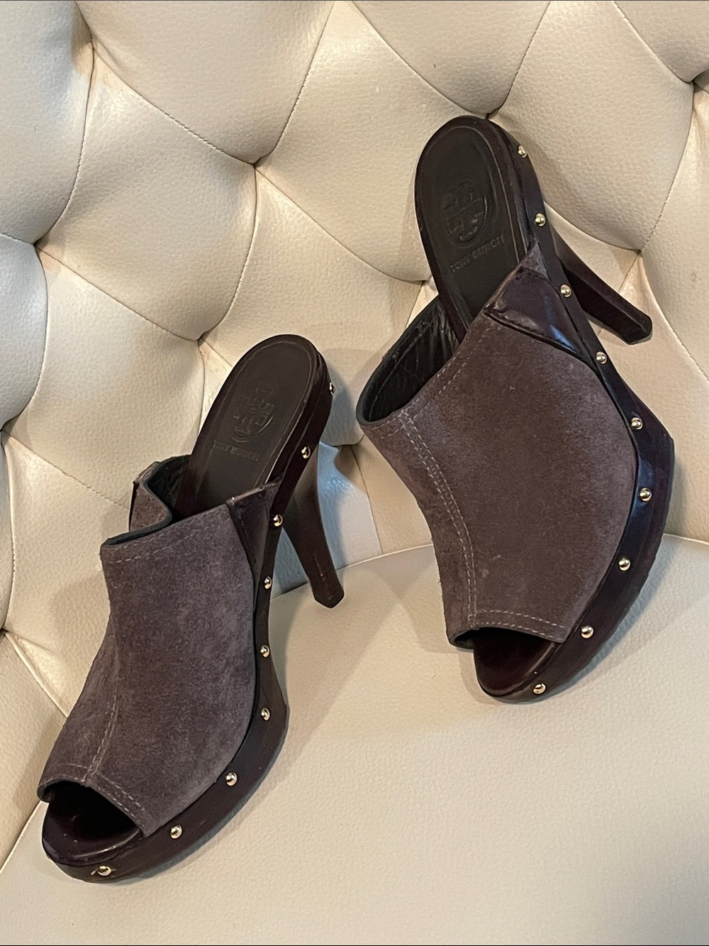 Tory Burch Brown Suede Studded Peep-Toe High Heel Mules Size 8.5 Luxury